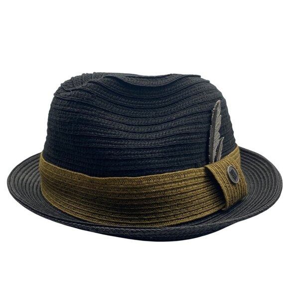 Hats in the Belfry HIB Galiano Fedora XL Black Mustard Band Metal Feather Accent - Picture 2 of 15